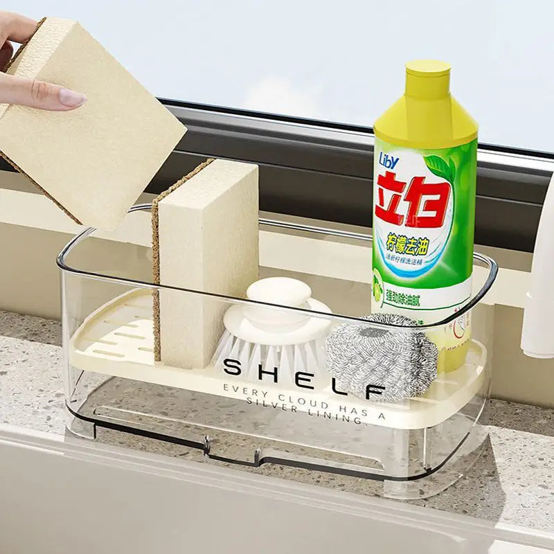 Organizador transparente de fregadero de cocina de acrílico con drenaje y bandeja interior beige y marca de estante.