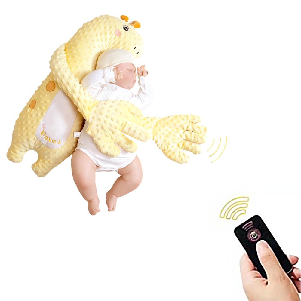 Gelbe strukturierte Dinosaurier-förmige Baby-Schlafhilfe-Beruhigungs-Handpuppe mit orangefarbenen Punkten und bestickten Augen, entwickelt, um Säuglinge während des Schlafs zu trösten.