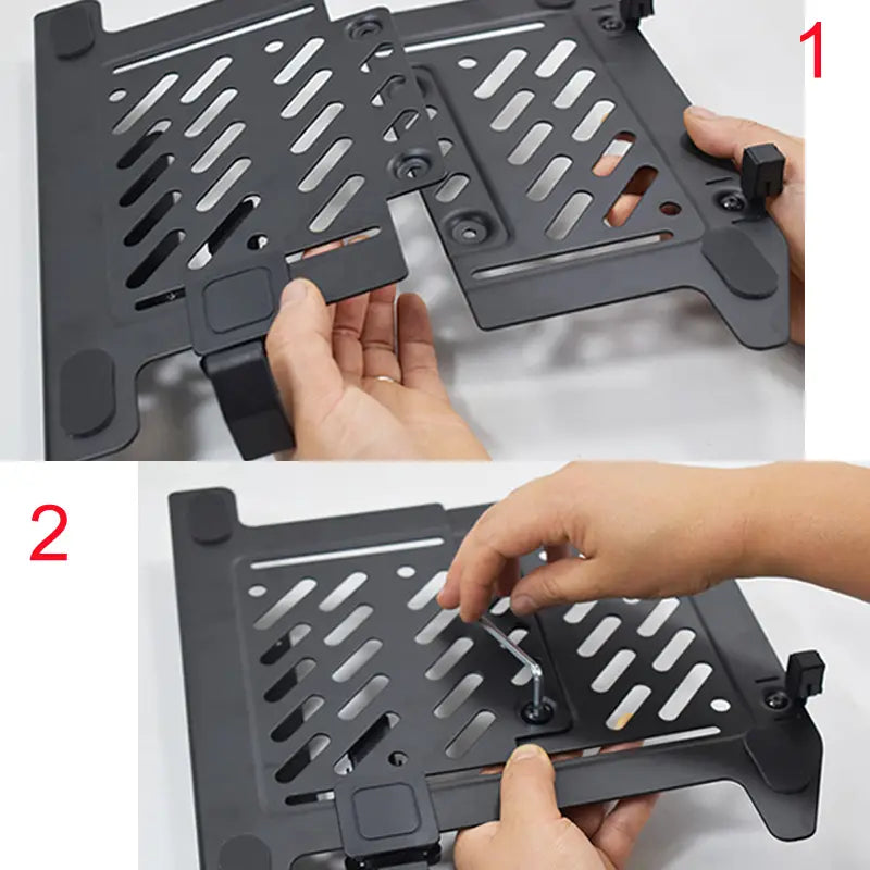 Schwarzer Metall-D-Mount-Laptop-Tischhalterung, Ständer, mit perforiertem Design und verstellbaren Standfüßen für 10 bis 17 Zoll-Laptops