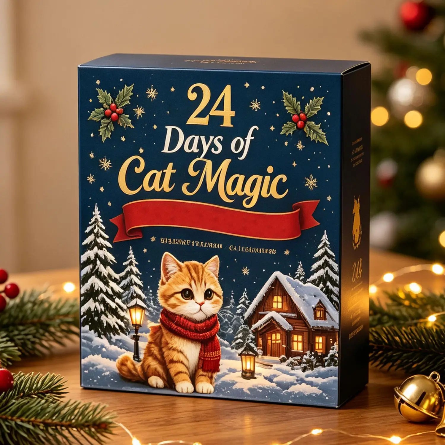Un calendrier de compte à rebours d’ornement de Noël en acrylique bleu marine, avec 24 jours, mettant en scène un charmant chat tigré orange portant une écharpe rouge, disposé dans une scène d’hiver enneigée avec des pins et une maison chaleureuse, dans le design du calendrier de compte à rebours pour le chat.