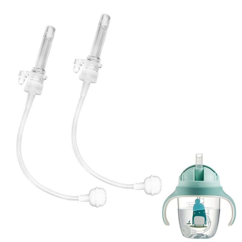 teal and clear plastic silicone sippy cup straw replacement bottle accessory with handle and straw attachment.