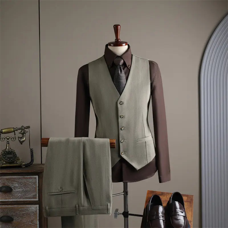 Gilet olive foncé confectionné avec précision, boutonné à l’avant, avec poches à rabat, porté sur une chemise habillée marron foncé, dans le cadre d’un ensemble costume d’affaires pour homme slim fit en trois pièces pour les occasions d’affaires en mode masculine et de soirées décontractées.