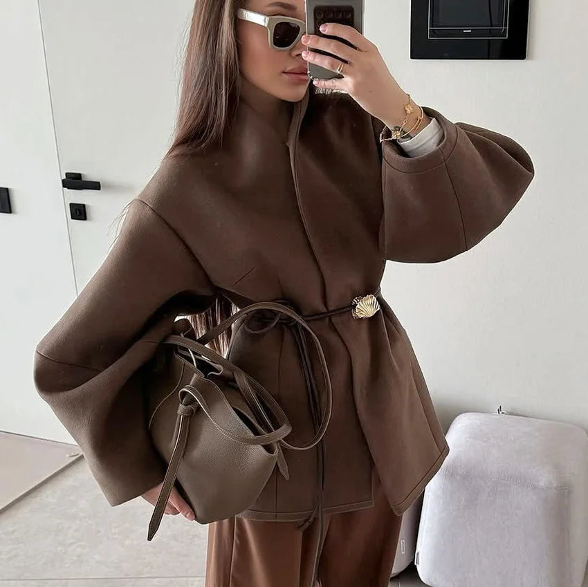 Women Wool Mid Length Coats Jackets Blends Stand Collar Coat Thick Warm Y2k Streetwear Jacket Work Outerwear Autumn Winter