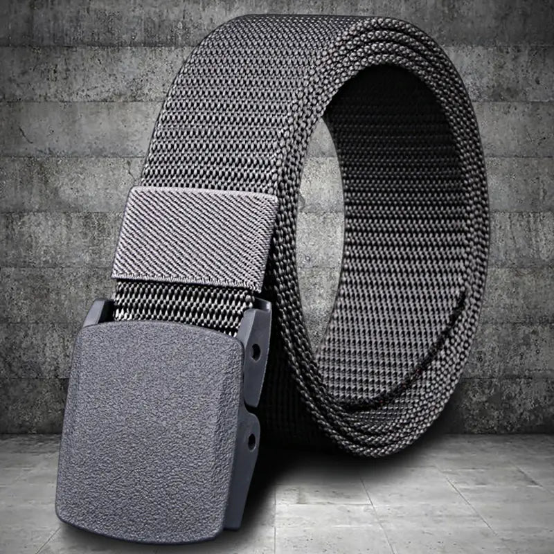 Mens tactical canvas belt in gray featuring lightweight automatic buckle with matte-finish plastic material.