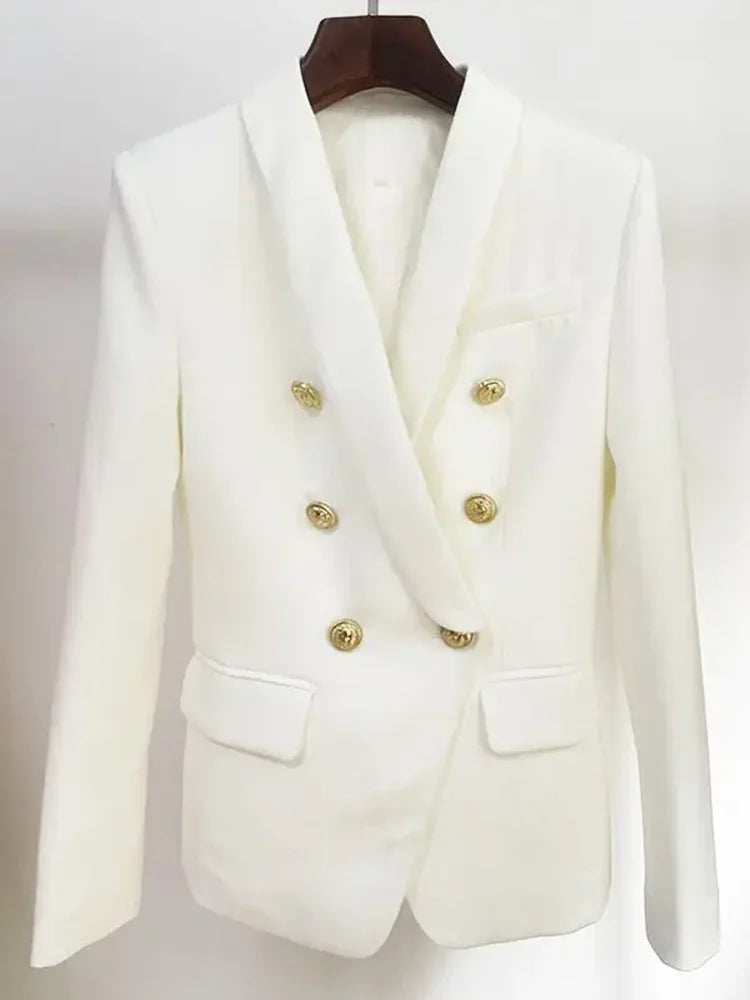 HIGH STREET New Fashion 2026 Designer Blazer Women's Long Sleeve Double Breasted Metal Lion Buttons Long Blazer Outer Wear