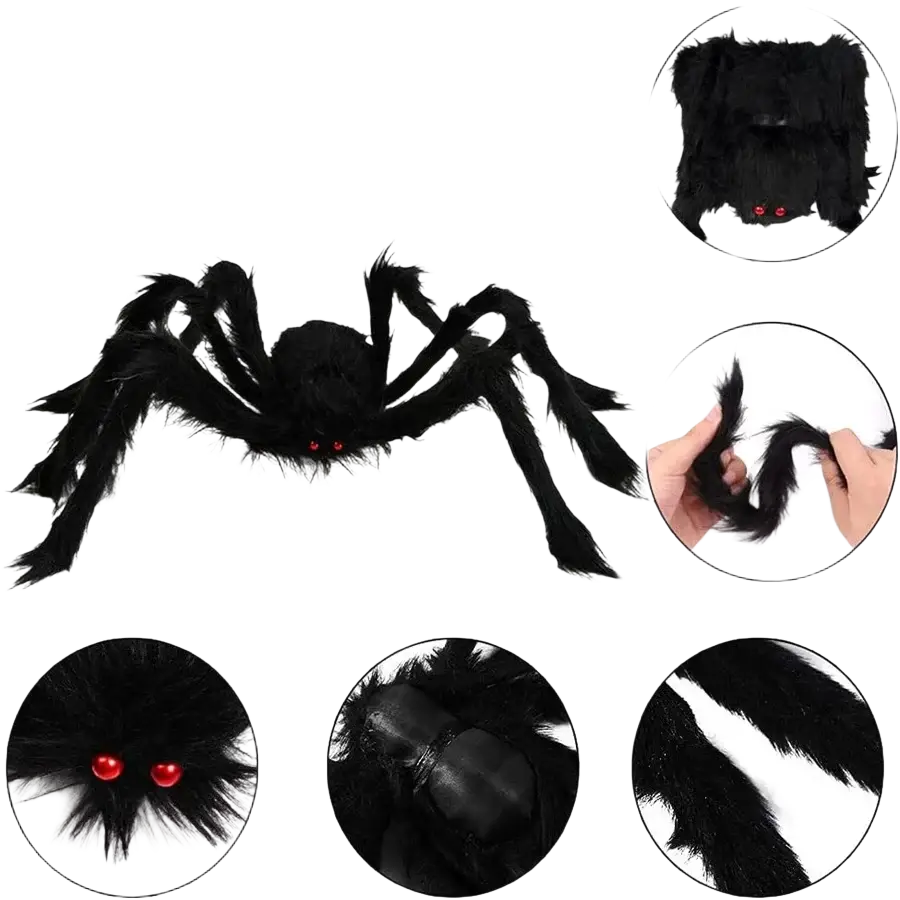Black fuzzy fake spider with glowing red eyes displayed on giant round spider web halloween decorations front view