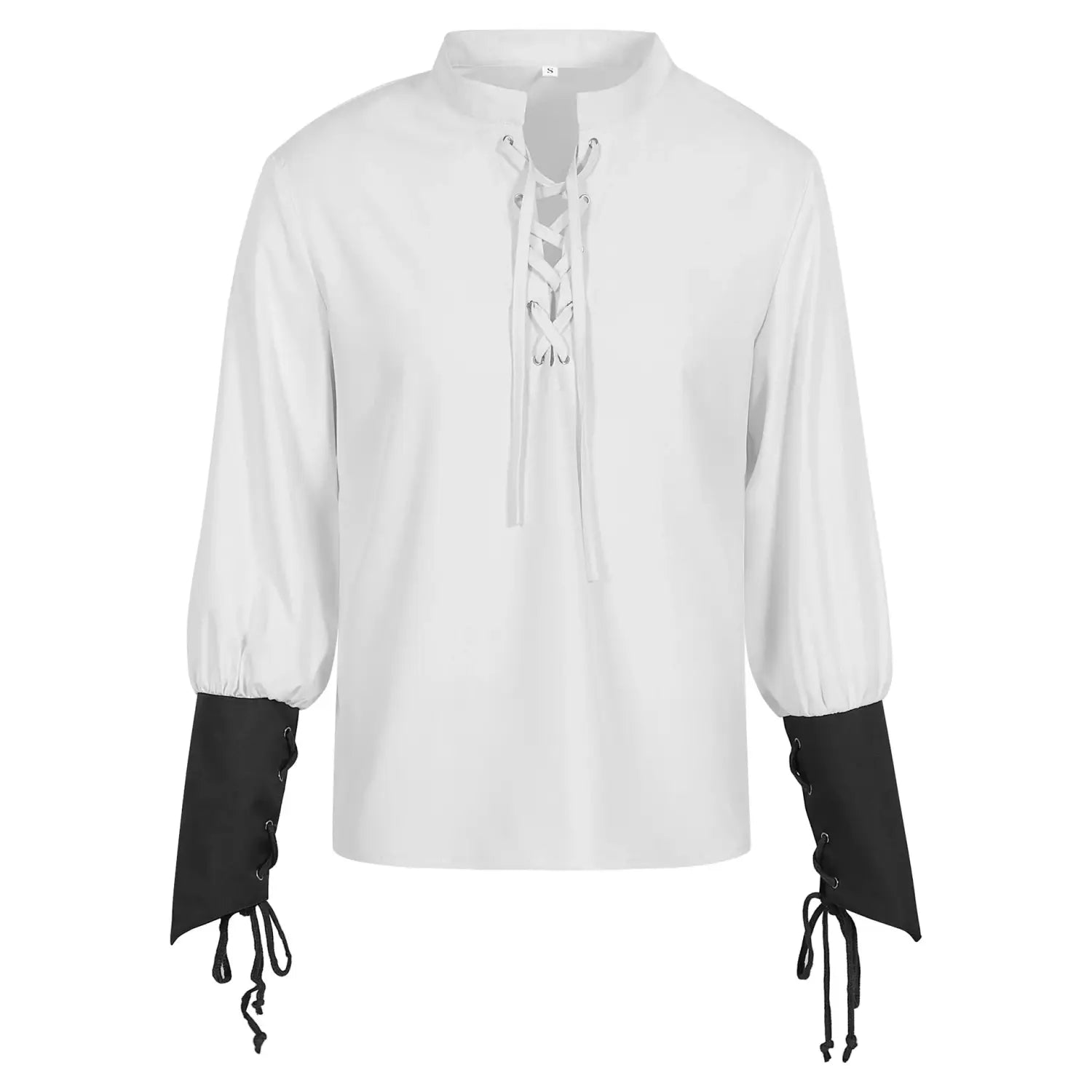 White mens pirate long-sleeved shirt with black lace-up cuffs and matching laced front neckline shown from the front for medieval renaissance use by arba global.