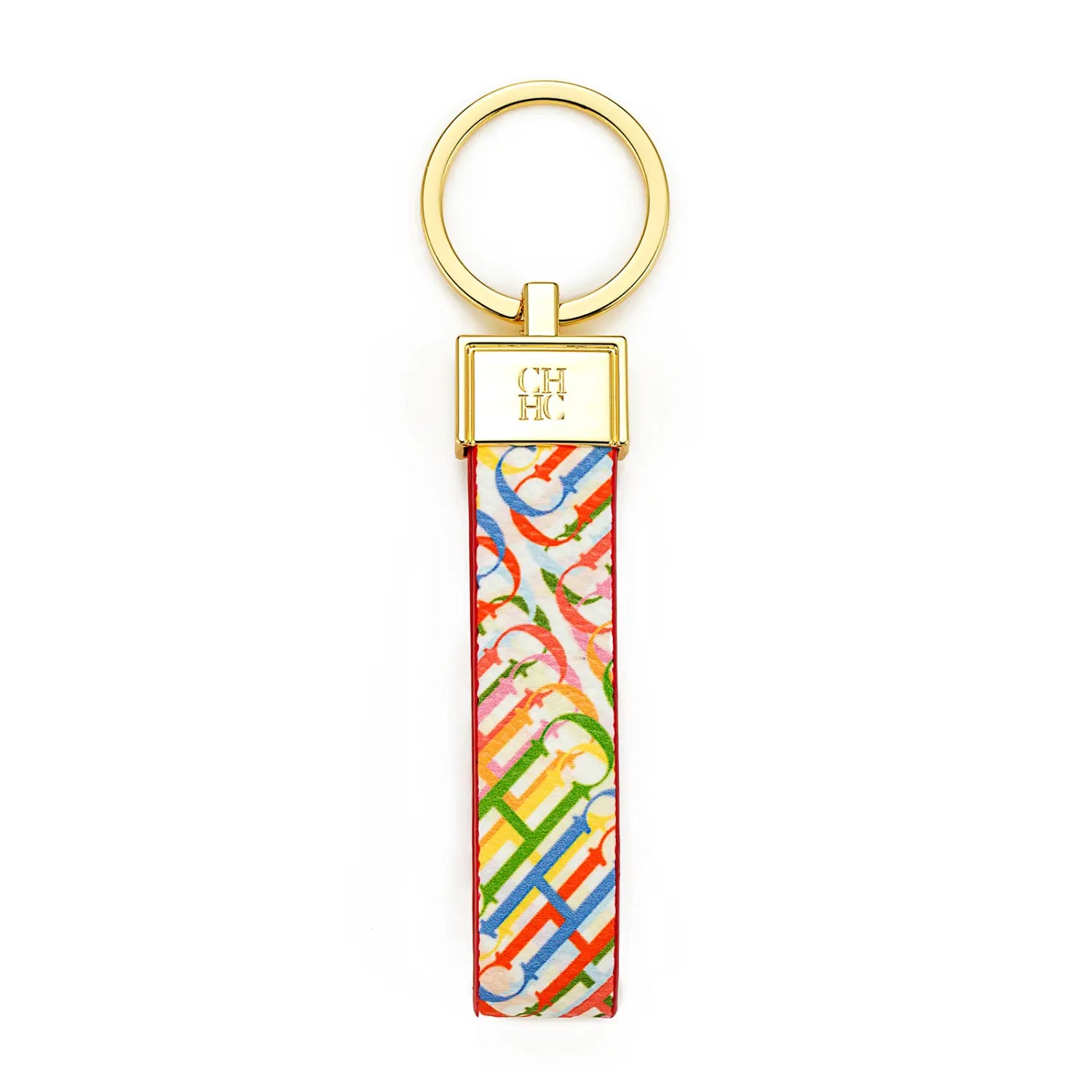 A colorful patterned leather logo keychain with a gold-tone metal ring and plaque featuring the ch logo designed as a fashion accessory gift.