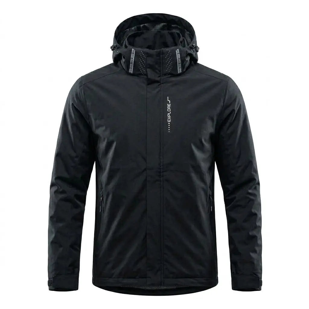 Men waterproof hiking jacket windbreaker outdoor hooded coat in black with a hood featuring subtle white vertical branding on the left chest and mesh lining inside.