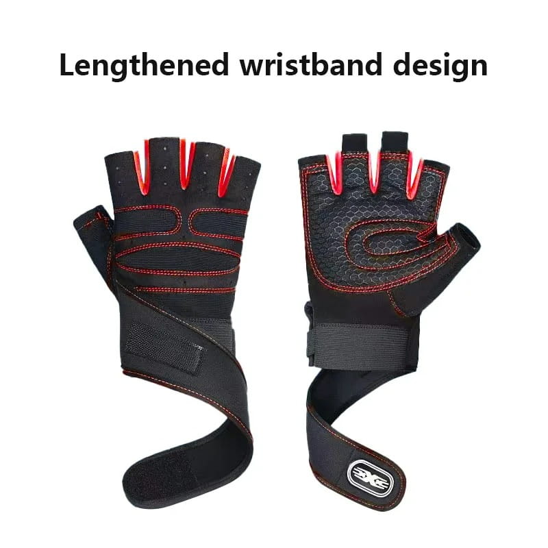 Schwarze und rote fingerlose Fitness-Workout-Handschuhe mit Handgelenkstütze, mit strukturierter Handfläche, verstärkten Nähten und einem verstellbaren Handgelenkband.