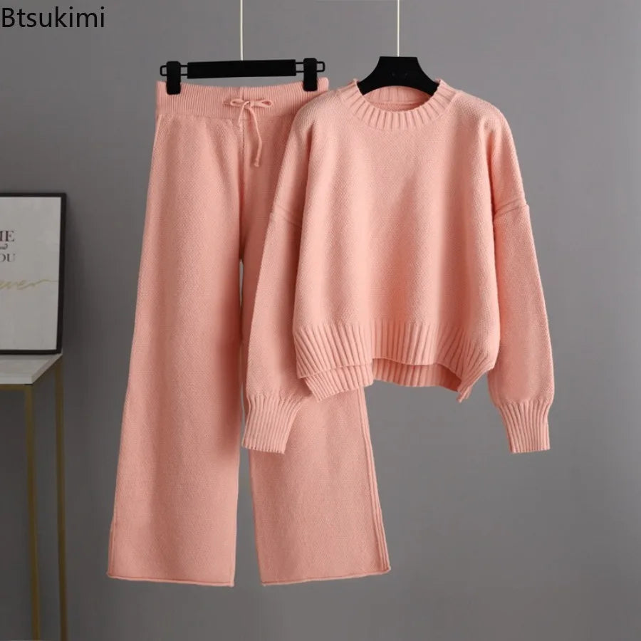 Winter Thick Knitted 2 Piece Sets Women Half Turtleneck Knitwears Sweater Loose Pullover Tops High Waist Wide-leg Pants Outfit