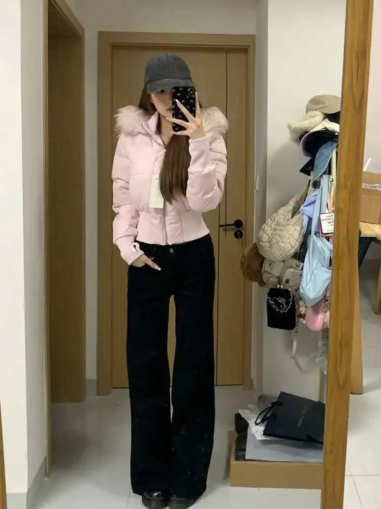 Winter Fur Collar Hooded Cropped Puffer Jacket Women's Warm Cotton Padded Jacket Short Top Windproof Coat Y2K High Waist