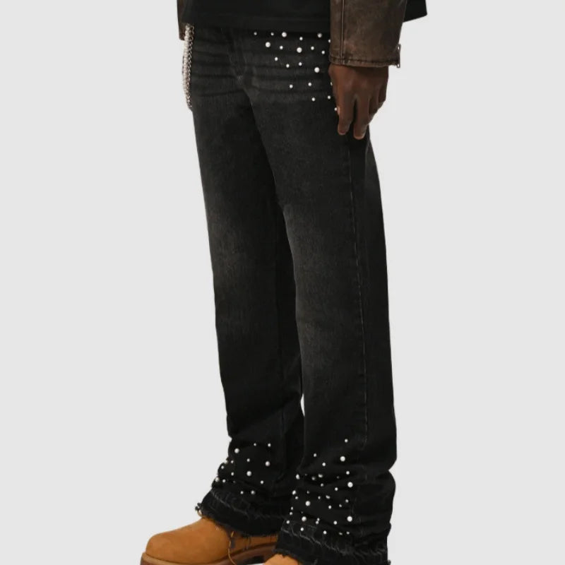 2025 New men's denim European and American street fashion Instagram hot item elastic stacked denim straight leg pants