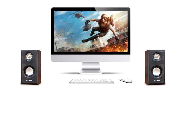black wooden-finish usb computer bookshelf speakers with silver circular drivers and visible brand logo designed for surround sound stereo use