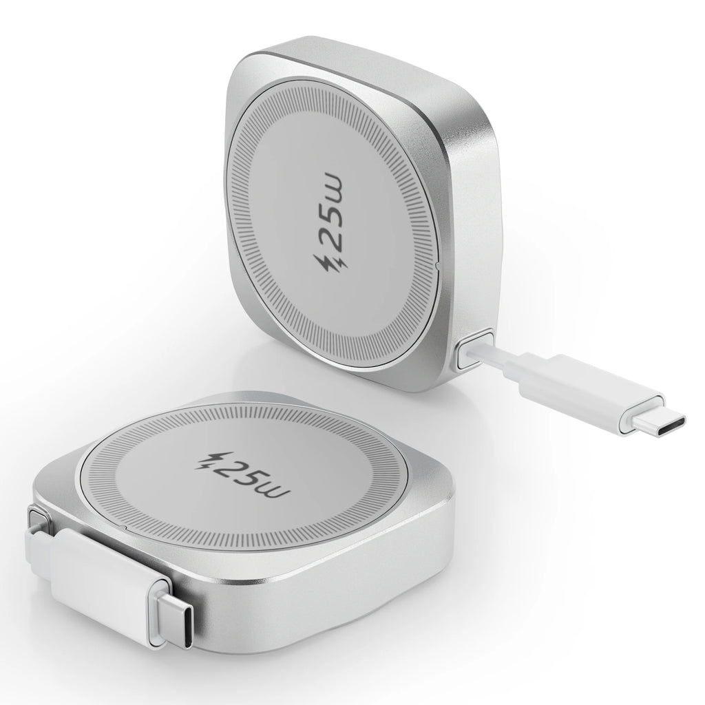 25W Wireless Charger with Retractable USB-C Cable Fast Qi2.2 Magnetic Charger for iPhone Airpods Portable Wireless Charging Pad