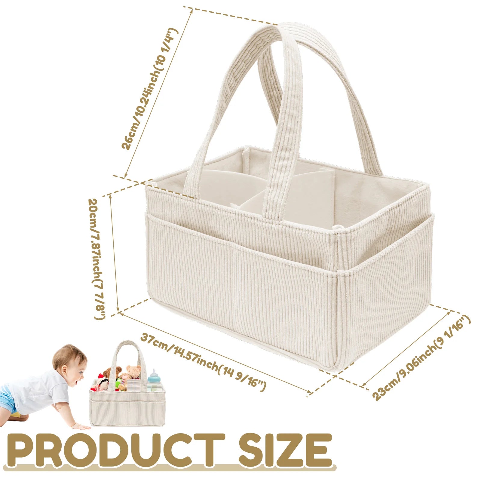 Baby Diaper Caddy Organizer Corduroy Diaper Storage Basket with Handle Foldable Multi-pocket Newborn Nappy Storage Organizer