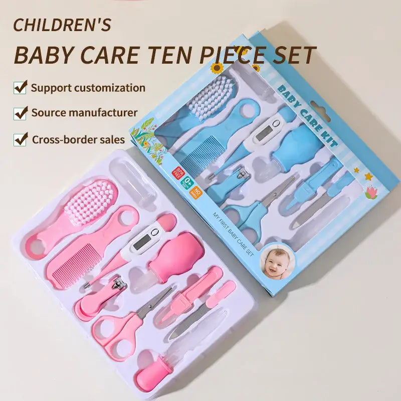 Babypflege-Set 10-in-1 für Neugeborene, Gesundheitsset mit zehn Teilen, mit rosa- und blauen Pflegeutensilien in einer durchsichtigen Plastikkassette mit floraler Gestaltung.