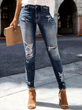 Women's Casual Elegant Party Solid Color Washed Cat Whisker Pattern Denim Ripped Skinny Jeans Tapered Pants Simple Daily Wear