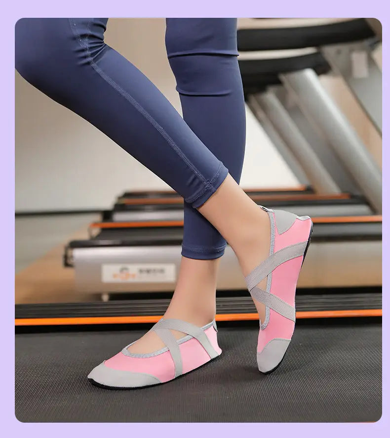 women yoga shoes with anti-slip fitness flats featuring pink and gray crossover straps designed for water activities