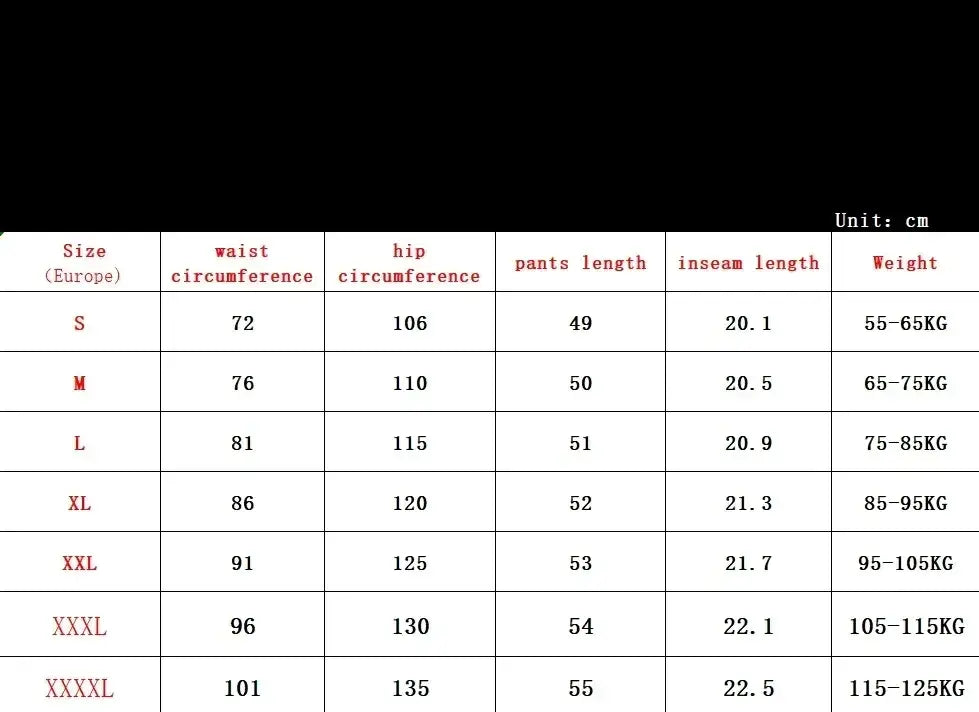 Size chart for a men’s knit polo and shorts set in european sizing showing waist and hip circumferences pants length inseam length and weight ranges per size.