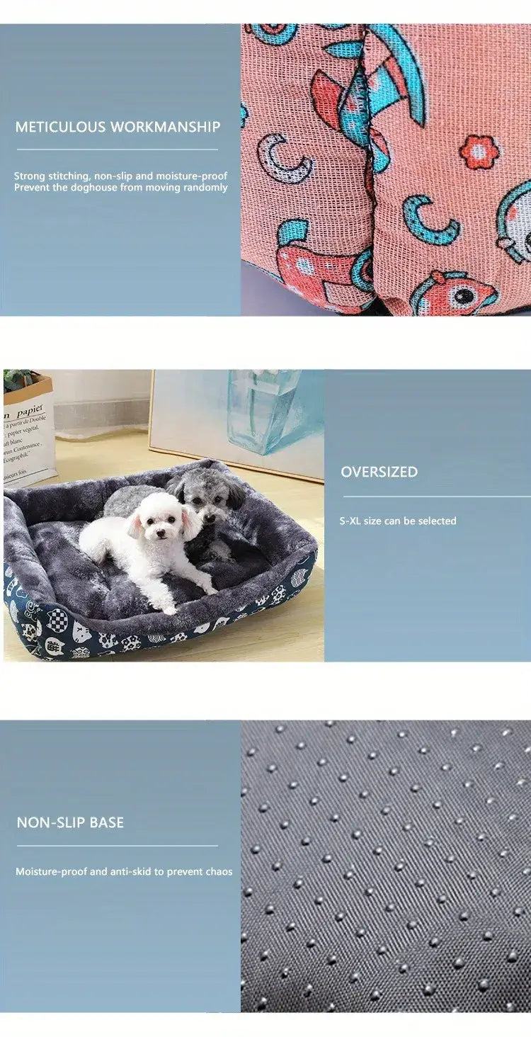 soft plush dog bed with dark gray exterior featuring white paw print patterns and oversized interior lined in matching fabric designed for winter pet products and cat bed use