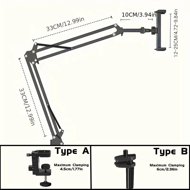 Black metal adjustable desk mount arm with articulated joints and clamp options for tablet or phone support for use in bed