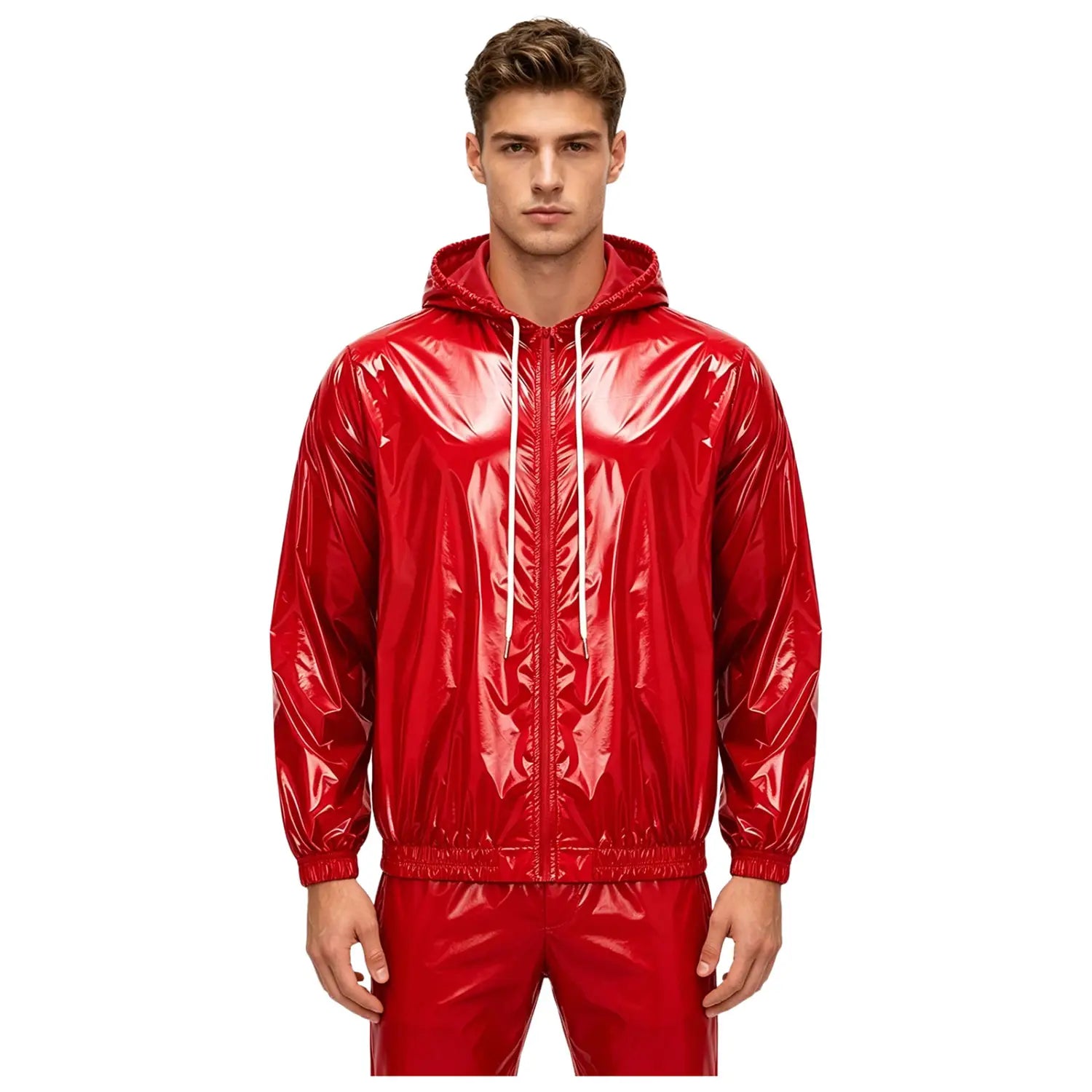 A shiny red hooded waterproof windbreaker jacket for men with a glossy reflective finish and white drawstrings.