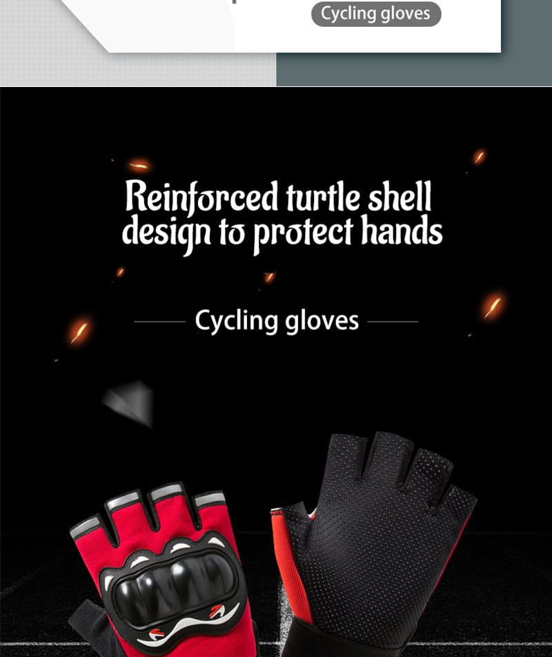 Herren- Motorrad-Taktik-Handschuhe mit halben Fingern, die die Rückseite zeigen, mit roten und schwarzen Farben sowie einem verstärkten Schildkrötenpanzer-Design für zusätzlichen Schutz.