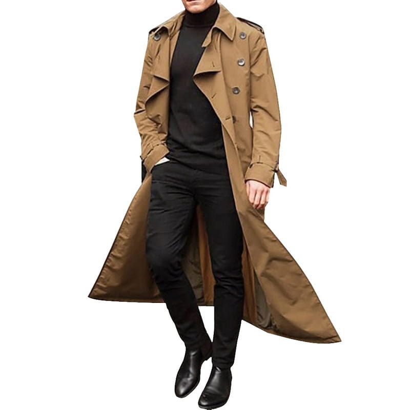 Herren-Langmantel in Khaki mit klassischem Doppelreiher-Design und Schulterklappen, perfekt für Business-Casual-Kleidung