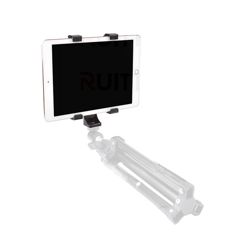White tablet securely mounted on a black tripod clamp featuring a tablet holder tripod mount designed as a versatile tablet stand for iPad and smartphones.