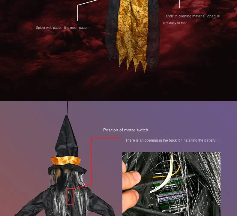 figurine de sorcière noire avec un haut chapeau pointu, rehaussé d’un ruban orange, et de longs cheveux gris fabriqués dans un matériau épaissi par du tissu, pour la figurine animée de sorcière d’Halloween suspendue dans une collection de jouets électriques hantés de maison hantée