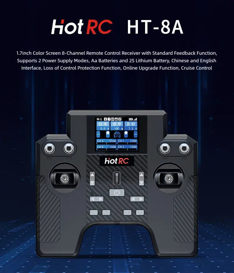 Ht-8a remote control transmitter kit featuring a black carbon fiber textured hot rc ht-8a receiver with a 1.7-inch color screen and dual joysticks.