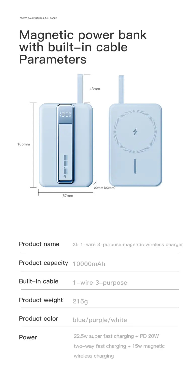 light blue magnetic power bank 10000mah 20w fast charging wireless charger with built-in cable rectangular design and circular charging pad supporting 5v=3a and 9v=2a output