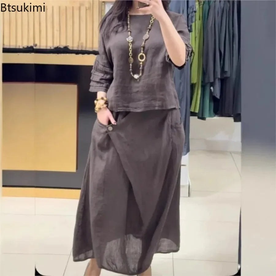 2025 New Chic Women's Two Piece Set Casual Solid Color Blouse Top And Loose Midi Skirt Suit 2 Piece Sets Lady Elegant Outfit