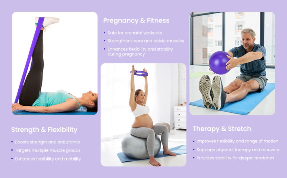 Purple resistance band made of durable material for pregnancy and fitness workouts included in the Pilates Equipment Kit 13-piece fitness set