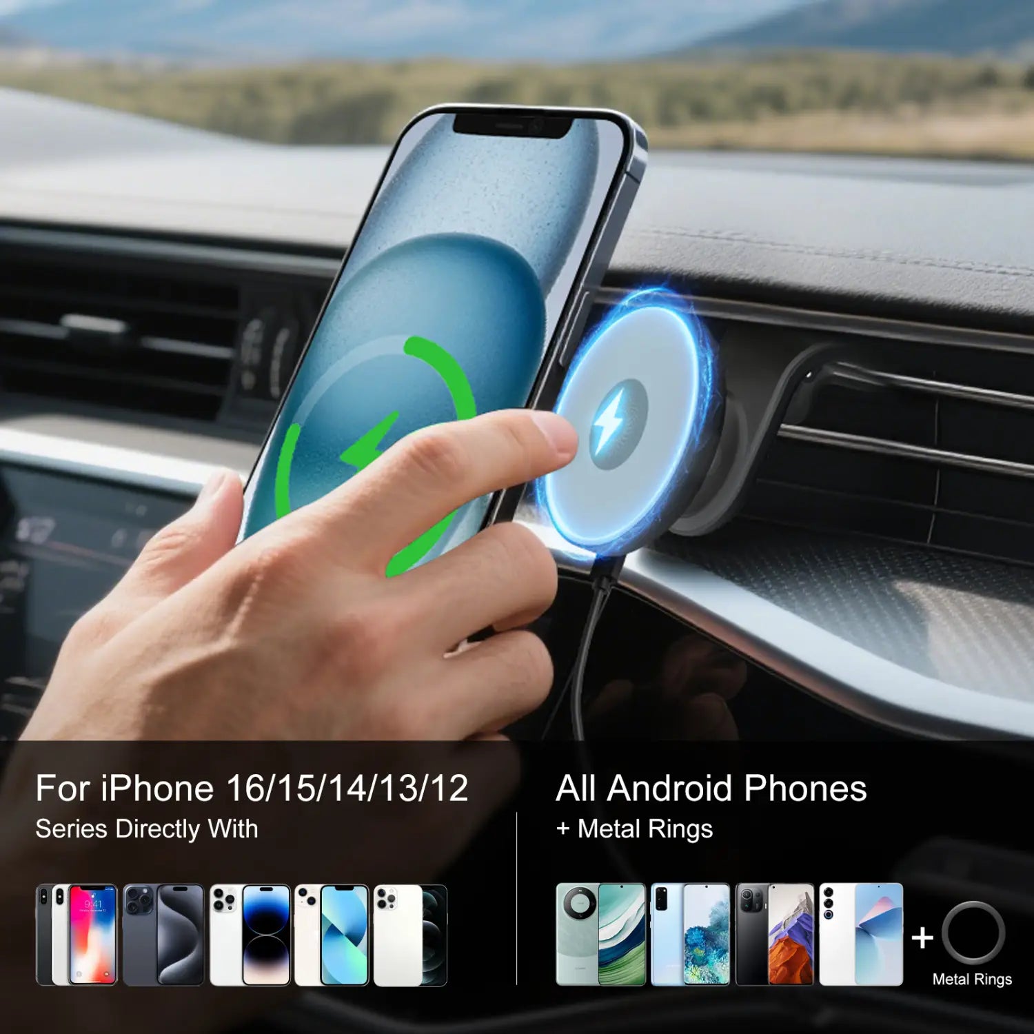 A sleek circular wireless charger car wireless magnetic phone mount with a metallic finish and a glowing blue light ring for fast charging.