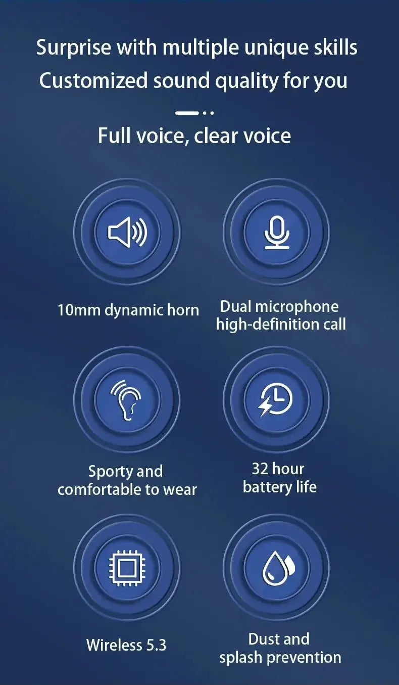 blue circular icons with white sound and connectivity symbols representing features of wireless sport ear hook earbuds waterproof bluetooth.