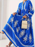 New Women's Loose Ethnic Retro Dress Spring Autumn Print V Neck Casual Long Dress Arab Style Bohemian Maxi Dresses Muslim Abayas