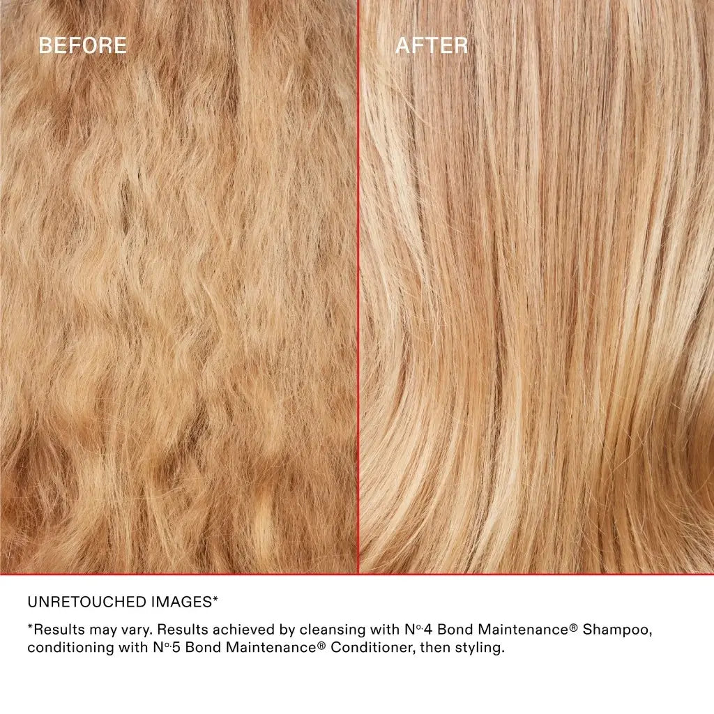 before and after comparison of blonde hair texture treated with hair care series frizz repair split ends shampoo and conditioner showing frizzy hair transformed into smooth, straight light golden-blonde with control frizz repair benefits