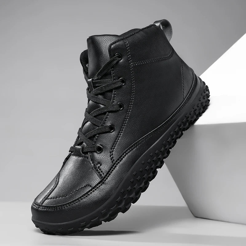 Men Wide Toe Barefoot Hiking Boots Mid‑Top Leather Minimalist Shoes Flexible Zero‑Drop Non‑Slip Outdoor Trail Walking Footwear