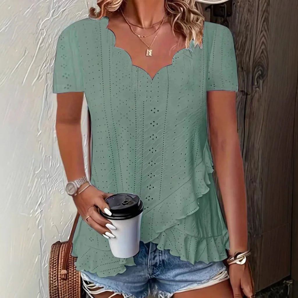 Women's Fashion Blouses Summer 2025 Ruffles Loose Hollow Out Tops Casual Solid Colors Wave V-Neck Short Sleeve White Shirts Lady