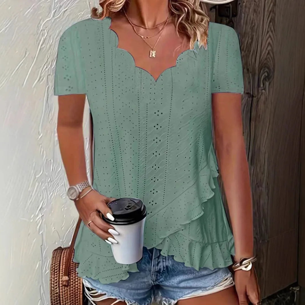 Women's Fashion Blouses Summer 2025 Ruffles Loose Hollow Out Tops Casual Solid Colors Wave V-Neck Short Sleeve White Shirts Lady