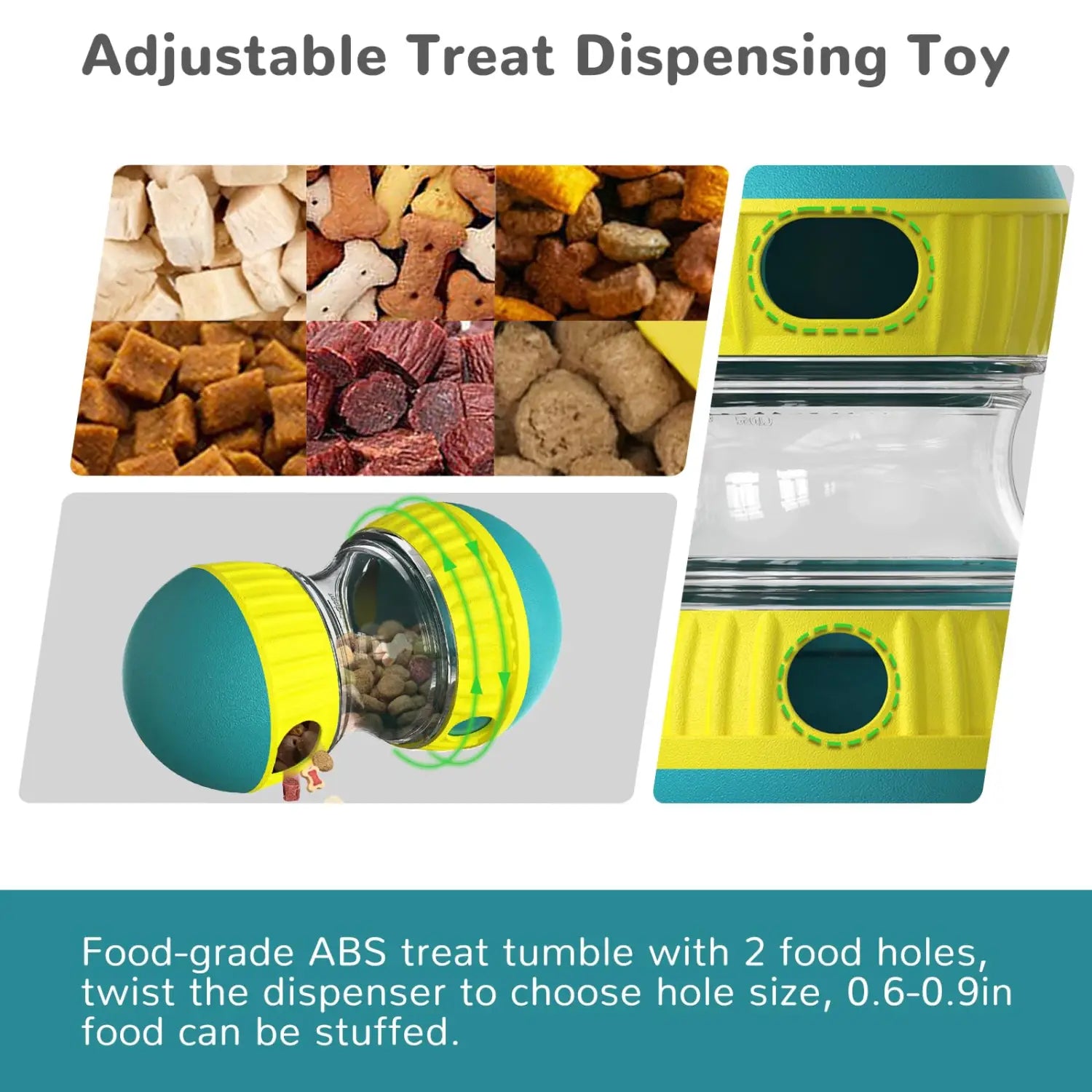 juguete para rompecabezas canino ajustable y dispensador de alimento color amarillo y verde azulado, elaborado con plástico ABS apto para uso alimentario, con dos orificios de alimentación para dispensar la comida para el perro.