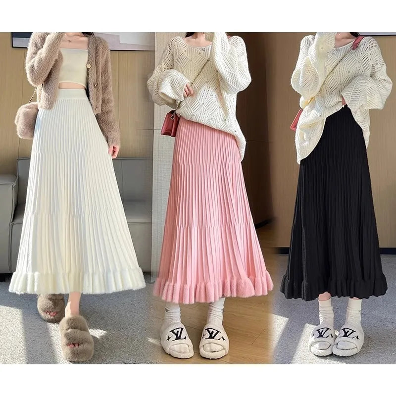 Knitted Skirt for Women High Waist and Thin in Winter, Drape Feeling Fungus  Splicing A-word Umbrella Skirt, Large Swing Skirt