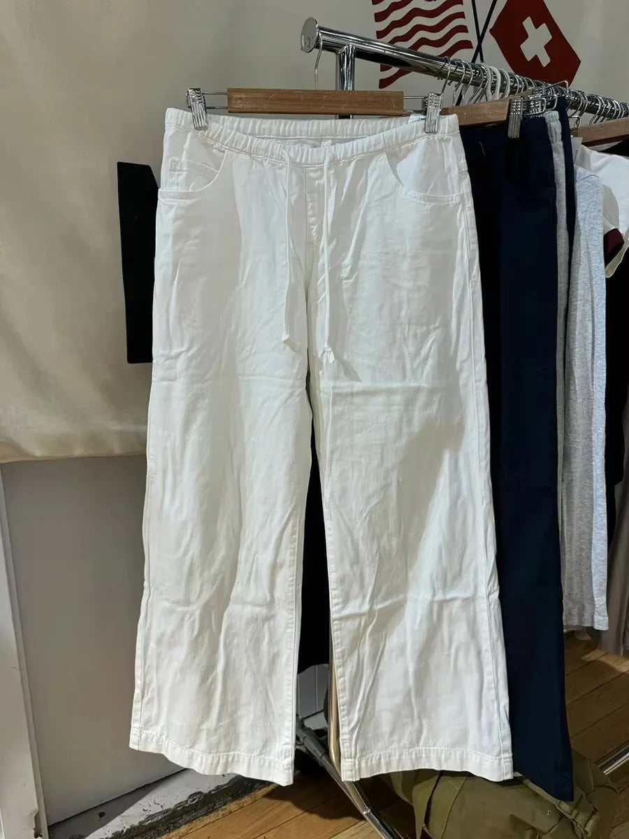 Simple Basic White Jeans Women Summer Back Pockets Cotton Straight Denim Long Pants Female Casual Vintage All-match Trousers Y2K