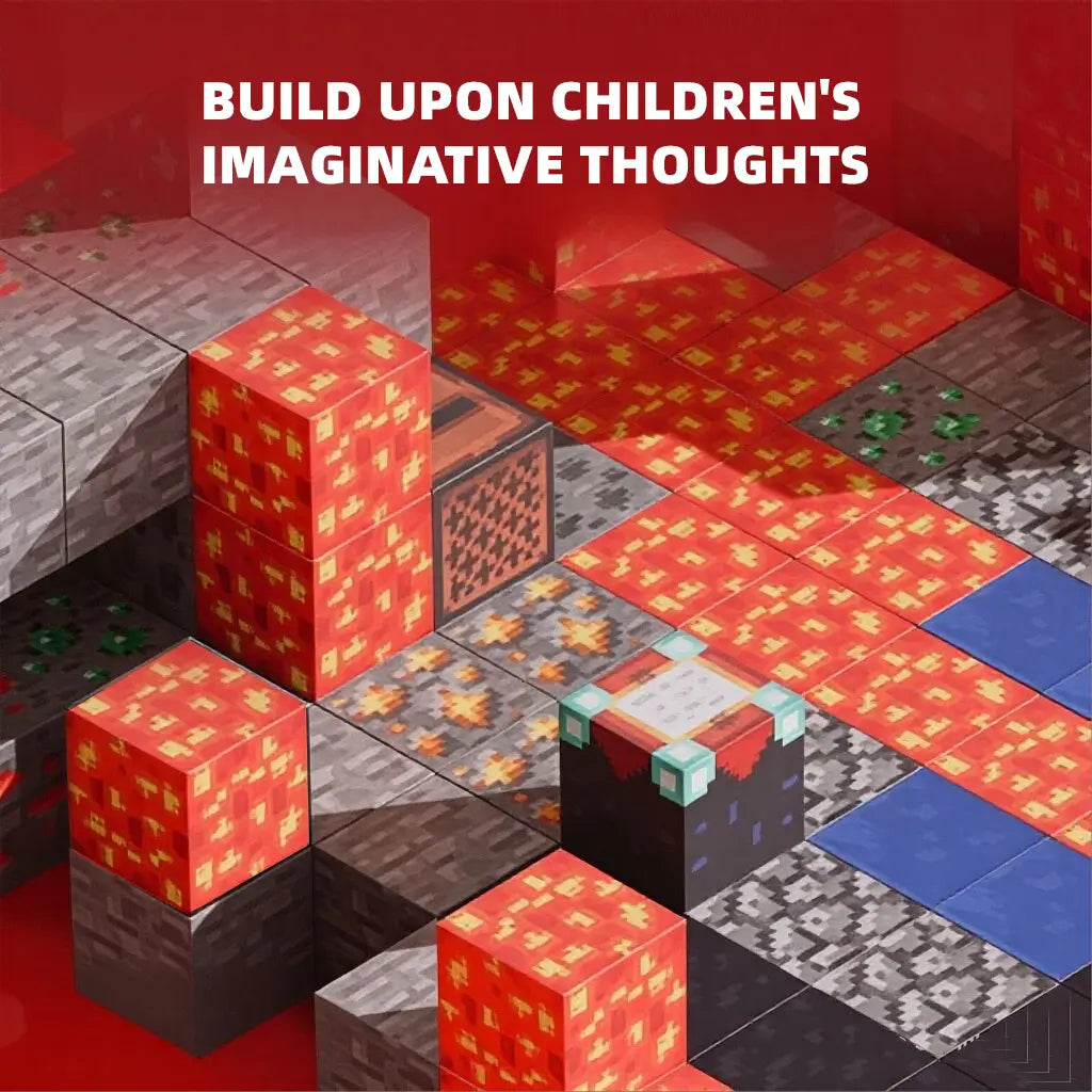 Magnetische Bausteine im Minecraft-Stil Spielzeugwürfel mit roten und goldenen pixeligen Lava-Block-Texturen, die in einer blockigen Landschaft für kreatives Spielzeug-Bauen angeordnet sind