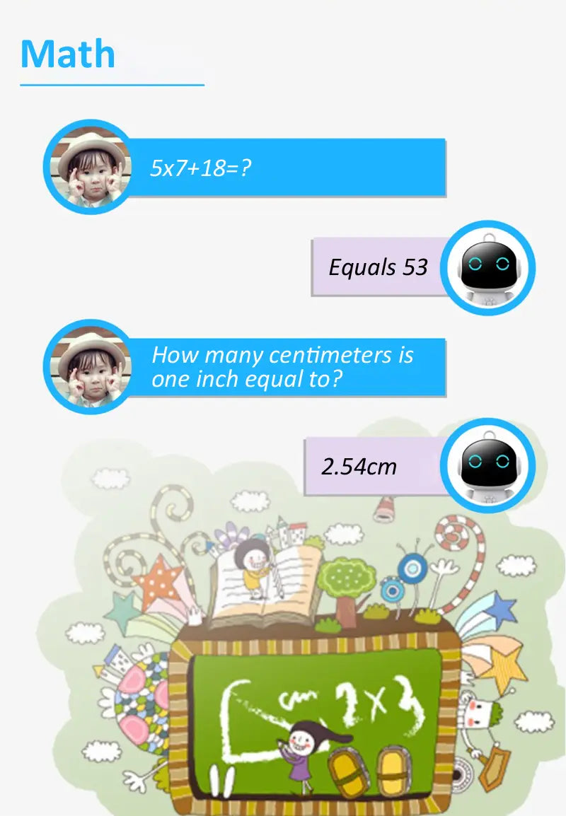 Juguete de robot inteligente con IA para niños con la interfaz de la aplicación Smart Life, que muestra un pizarrón verde con problemas de matemáticas e ilustraciones tipo caricatura en el modo de chat para un aprendizaje interactivo.