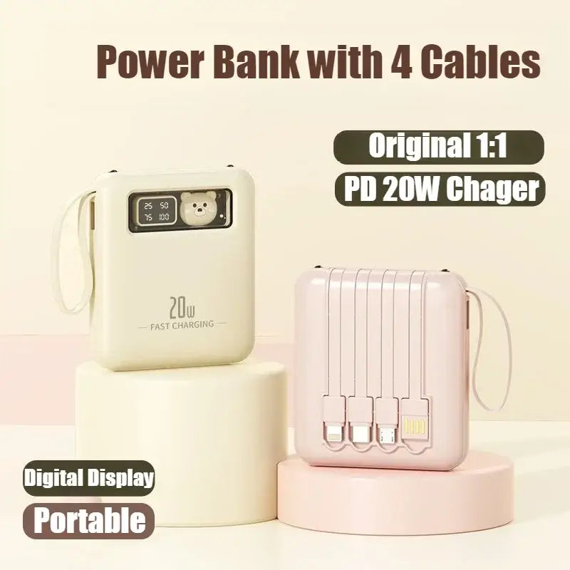 Elfenbeinfarbene Powerbank 20 W mit integrierten Kabeln, digitaler Anzeige und Bärenkopf-Design, einschließlich vier Schnellladekabeln.