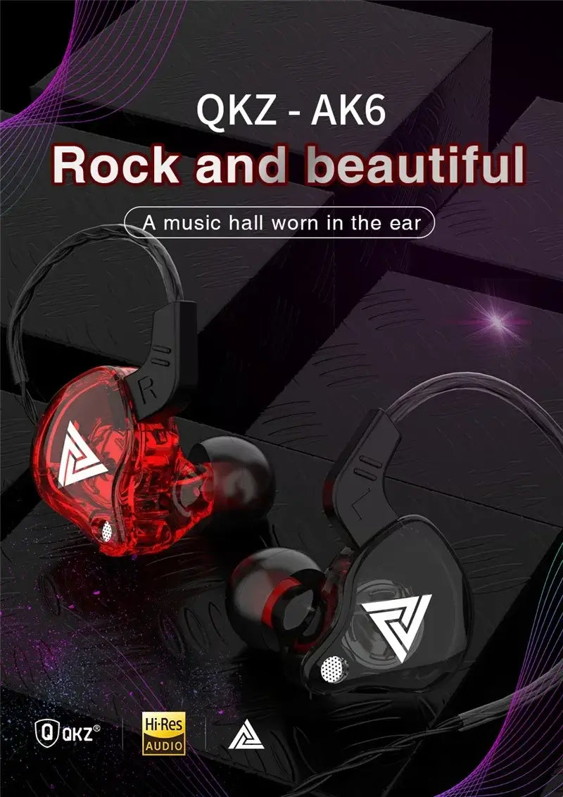 red and black qkz ak6 in-ear headphones with mic featuring transparent red housing and a white triangular logo on one side