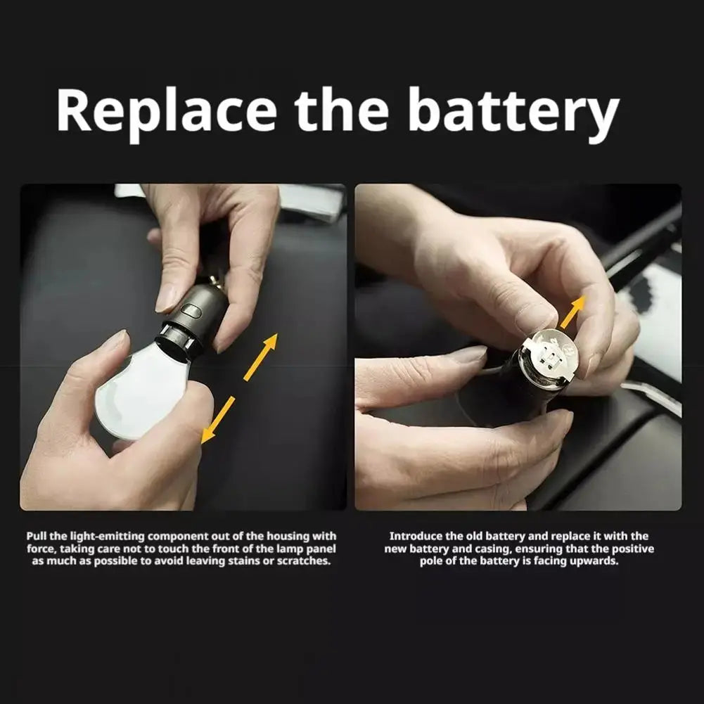 Allume-cigare de voiture noir avec une ampoule LED décorative blanche et un compartiment de batterie métallique compatible avec des piles bouton CR2032, pour l’éclairage d’ambiance d’ampoule LED décorative suspendue pour voiture.